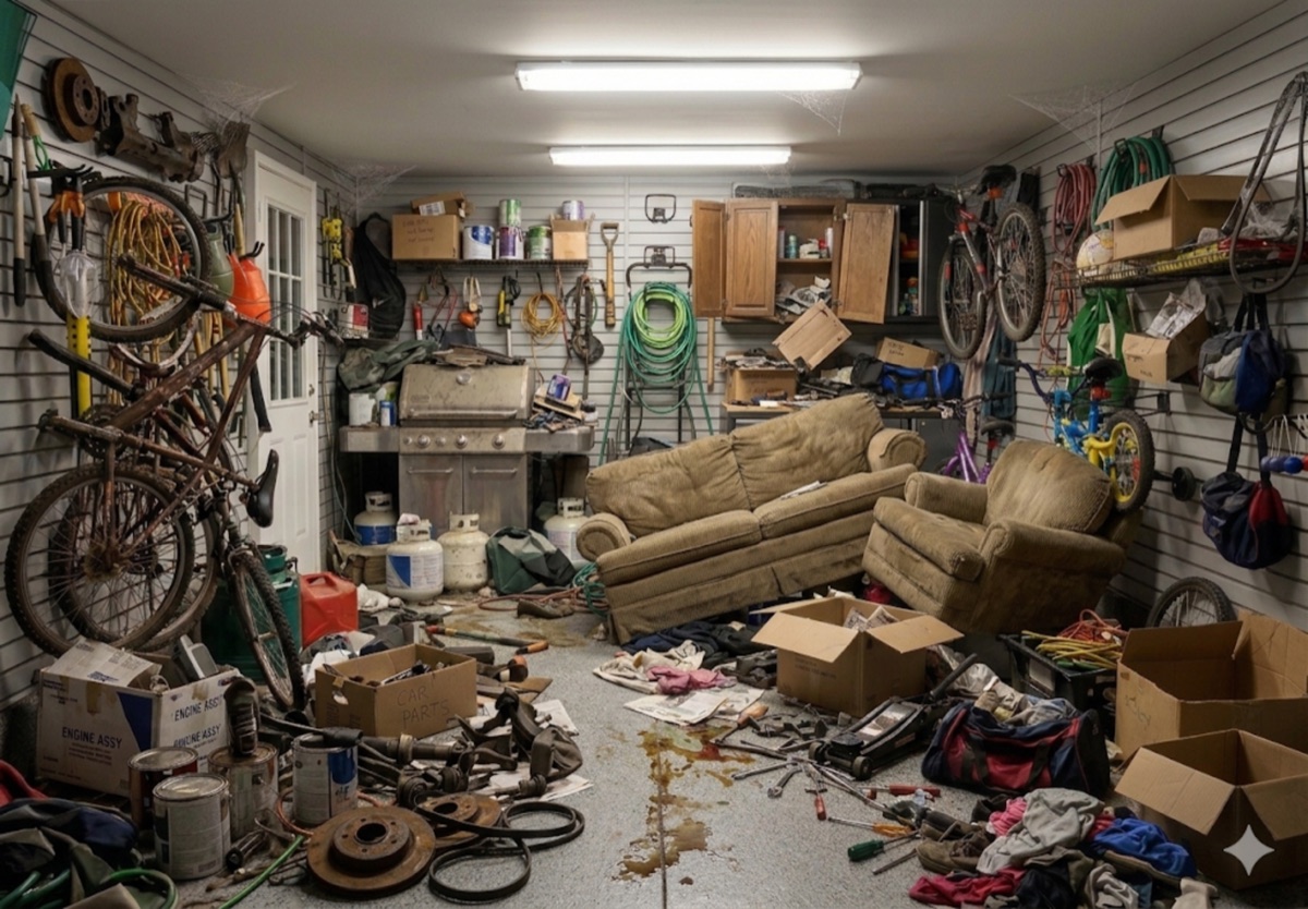 Before — cluttered, messy garage in Lexington MA