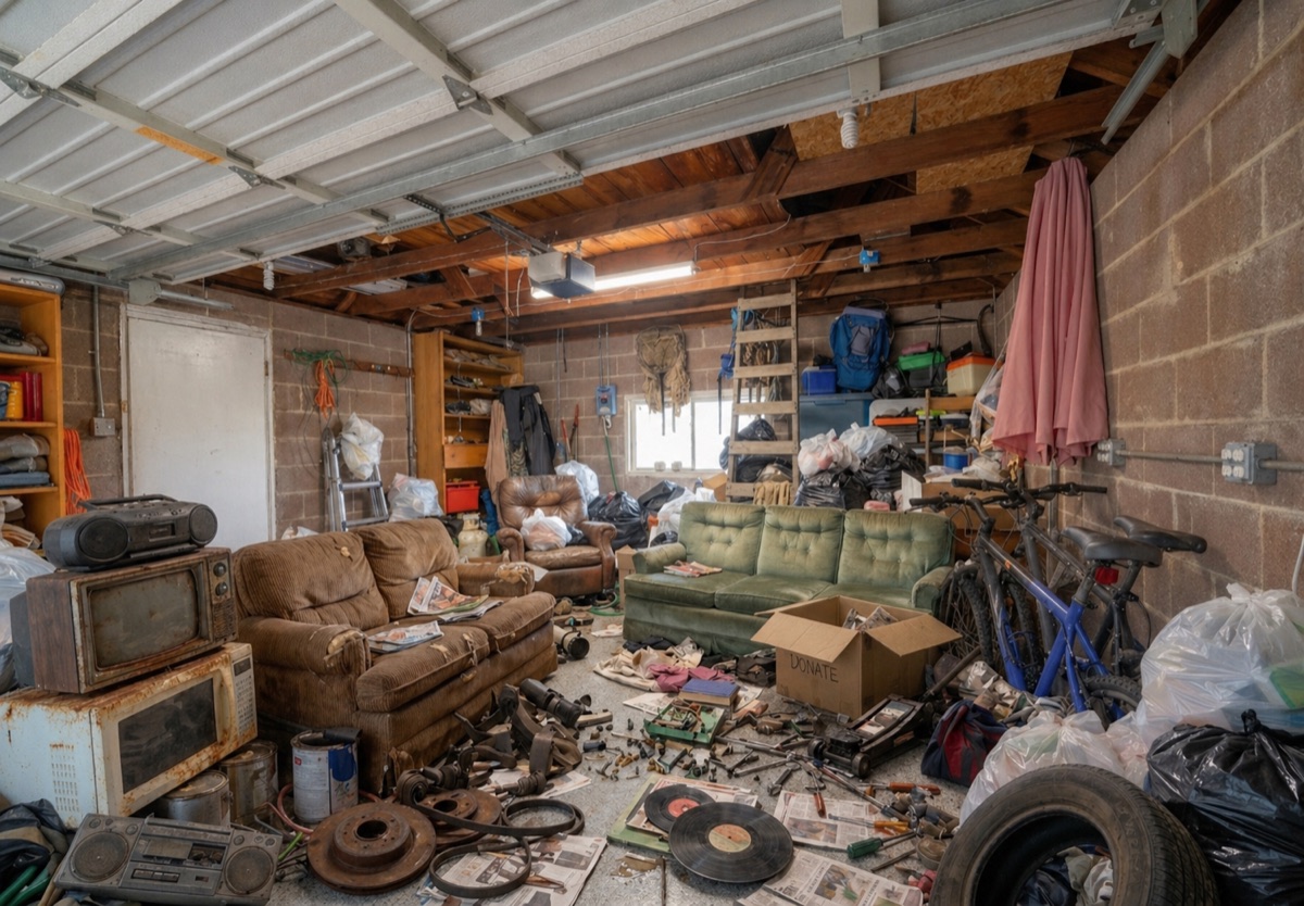 Before — messy garage in Newton MA
